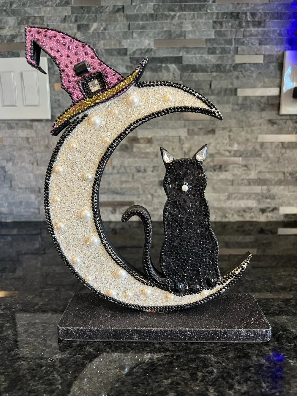 GLITTERY BLING Wooden Halloween Sign, BLACK CAT, MOON, WITCH HAT-11 In Tall!!